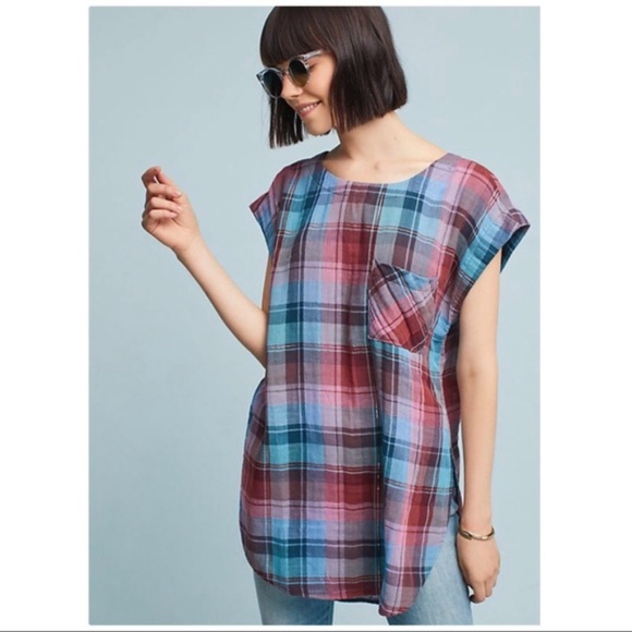 Anthropologie Tops - Anthropologie Cap-Sleeve Plaid Tunic SIZE S new with tag